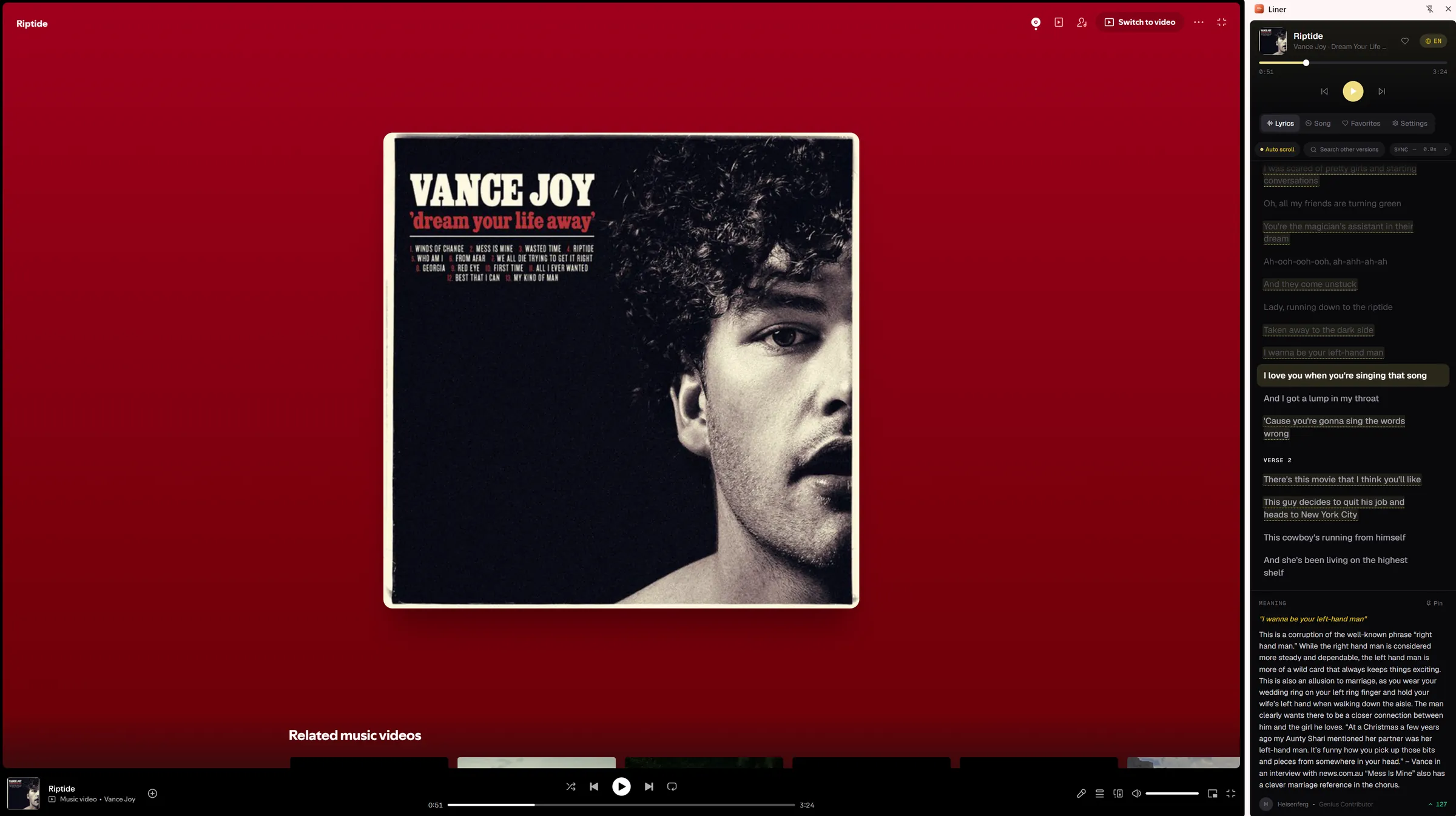 Liner's side panel beside YouTube Music, showing Riptide's synced lyrics with the playing line highlighted and a Genius annotation below.
