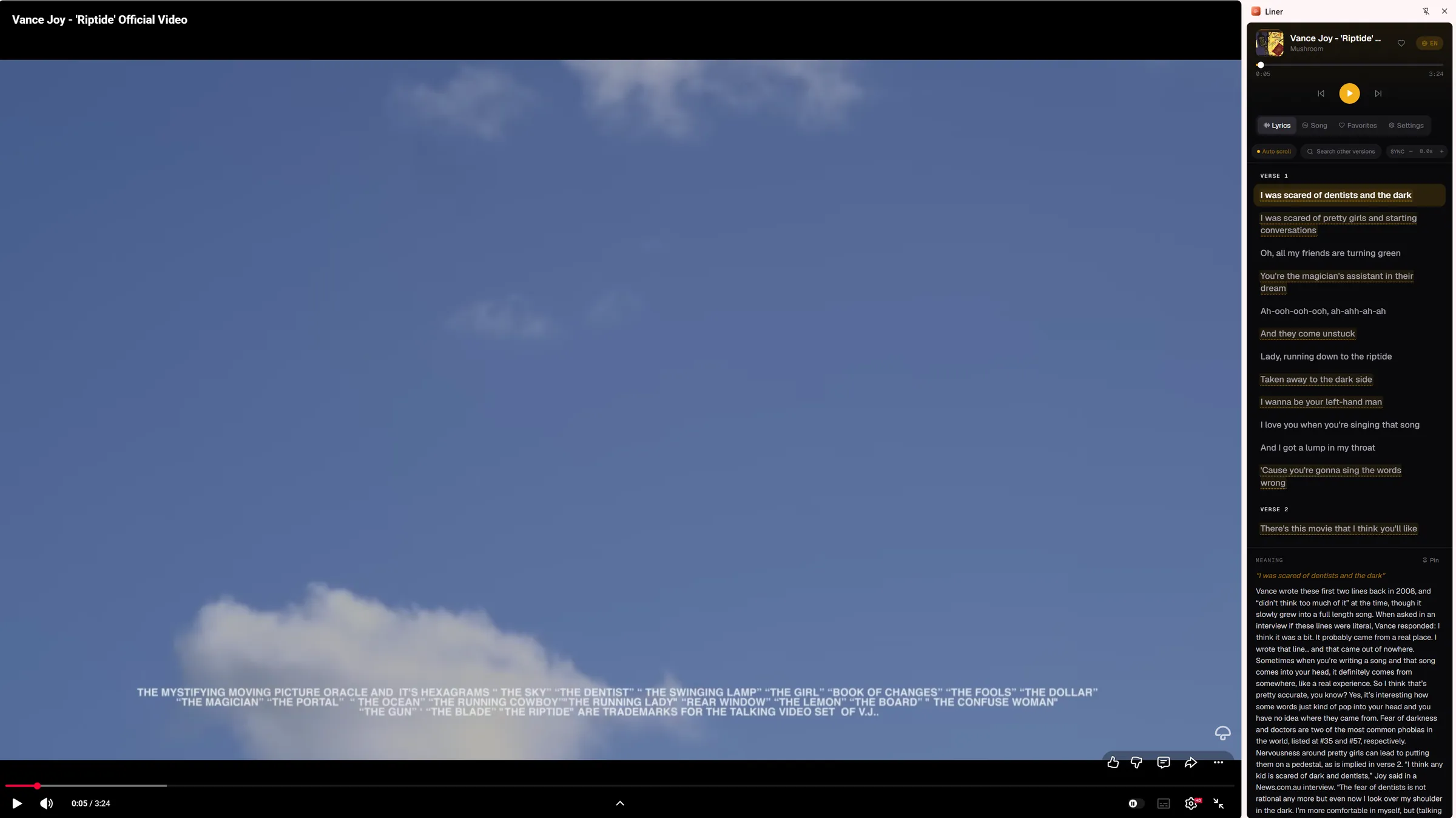 Liner beside the Riptide music video on YouTube, with the first verse playing.
