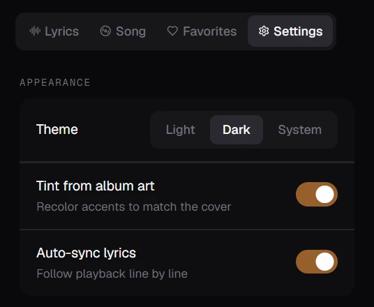 Liner's Settings tab: Theme set to Dark, with the Tint from album art and Auto-sync lyrics switches on.