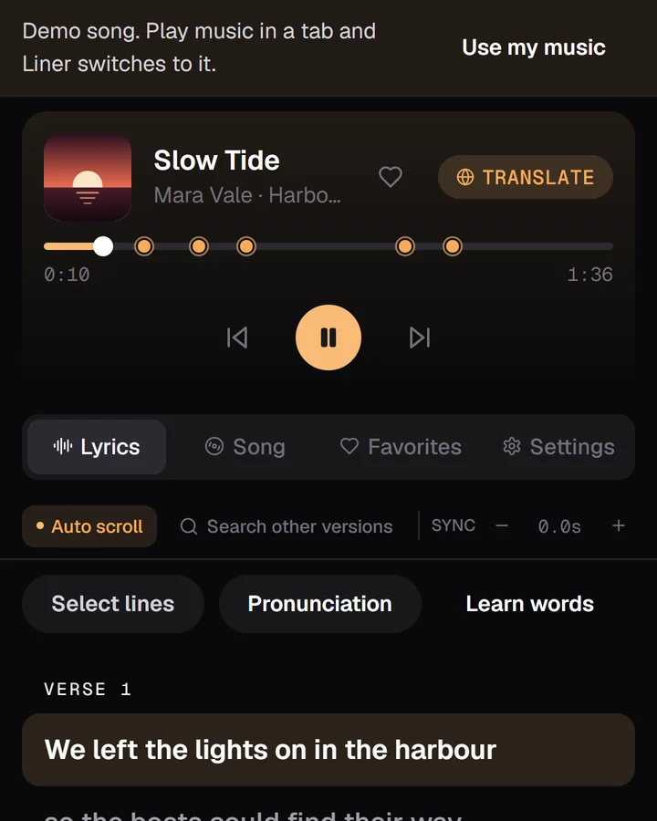 The demo song playing in Liner, with a banner: Demo song. Play music in a tab and Liner switches to it.