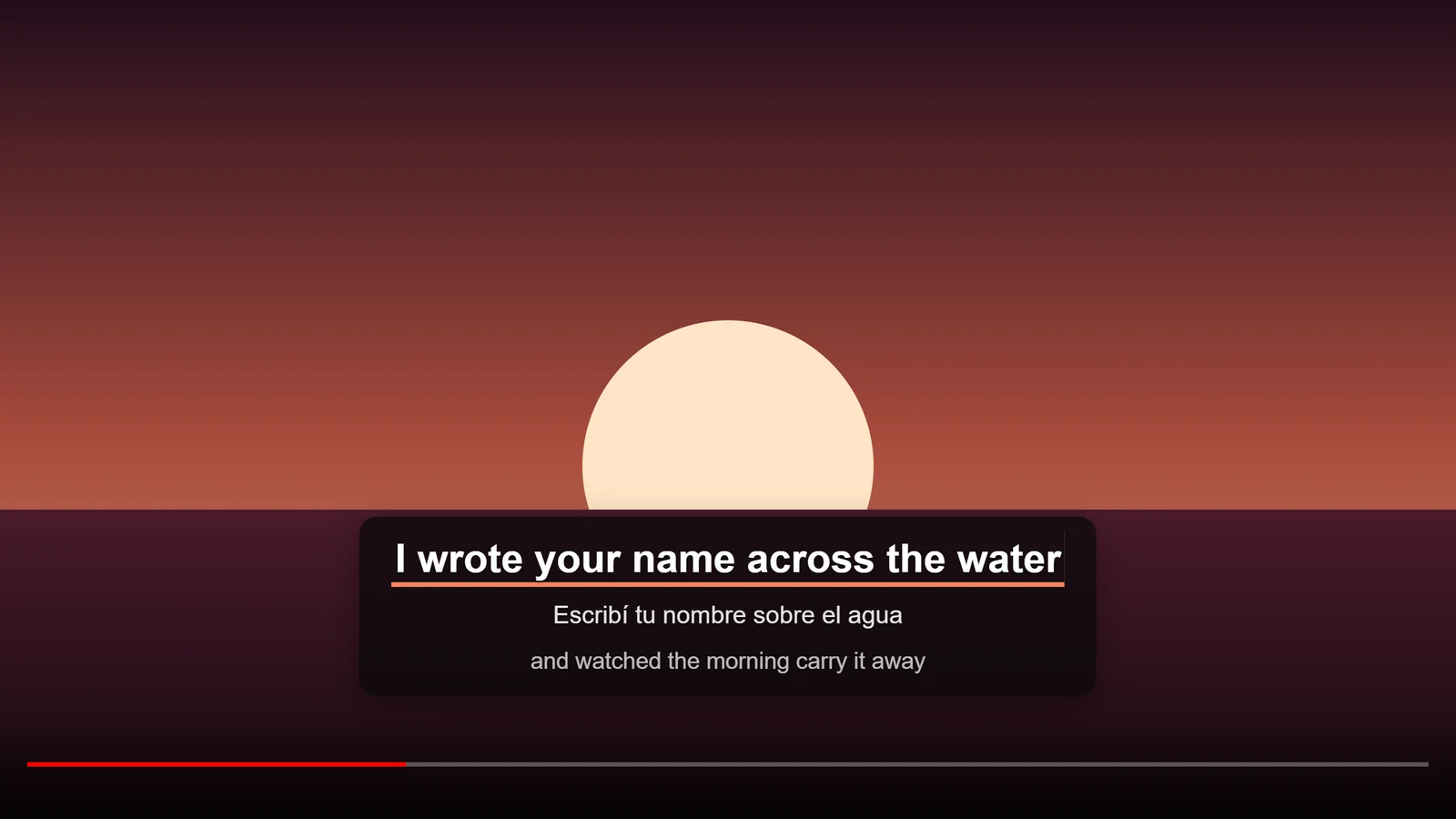 A music video with Liner's lyrics over it: the current line, its Spanish translation underneath, and the next line in grey.